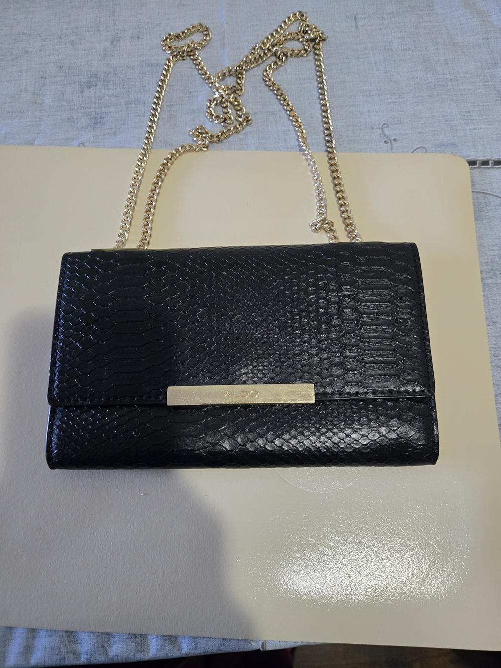 Aldo Black Snake-Embossed Crossbody with Gold Chain